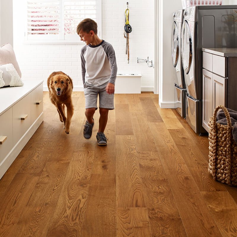 Boy and a dog in a home with durable flooring