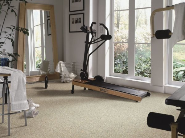 Spare exercise room in a home with carpet flooring