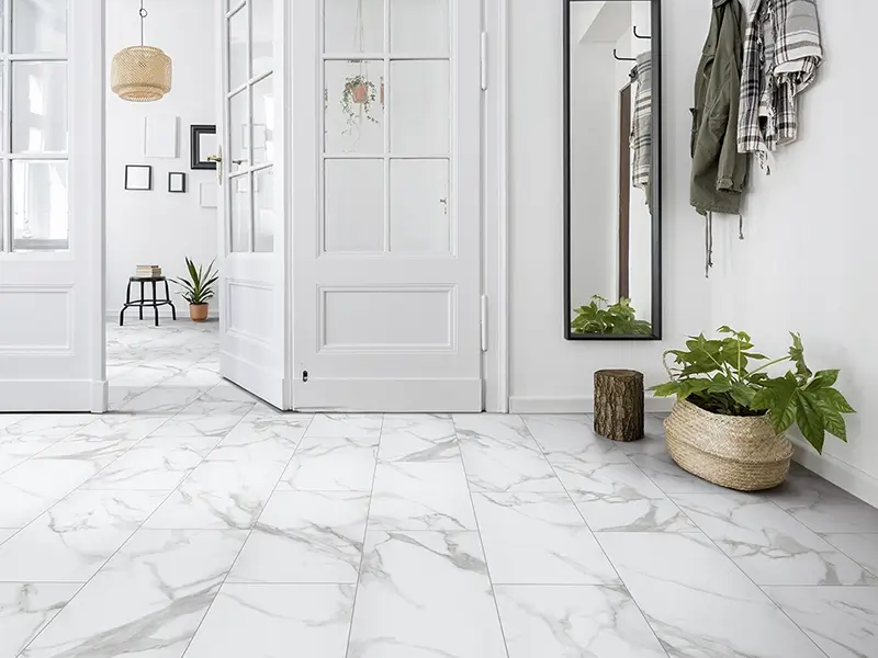 White marble tile floors