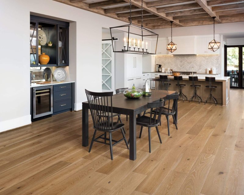Industrial style kitchen with wood floors