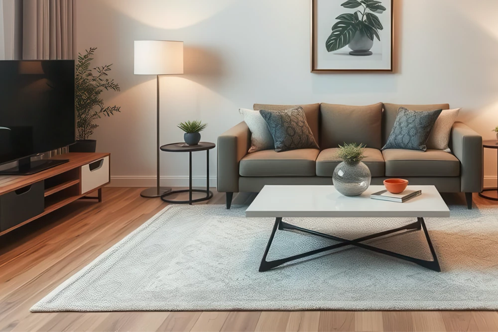 Rug on a hardwood floor in a cozy living room